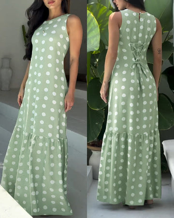Women's Polka Dot Maxi Dress Casual Sleeveless Lace up Back Vacation Dress Elegant Ruffle Hem Loose A Line Long Sundress