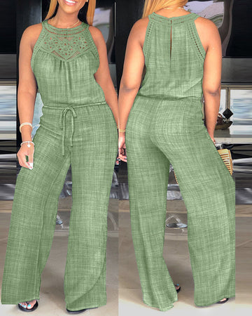 Women's Halter Jumpsuit Lace Trim Backless Overalls Tied Detail Wide Leg Jumpsuit with Pockets