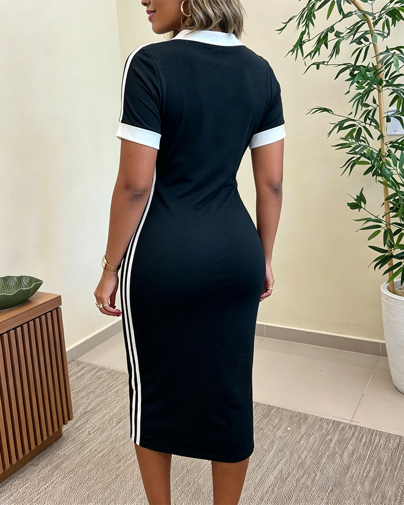 Women's Side Contrast Stripe V-Neck Dress Short Sleeve Slim Fit  Casual Dress