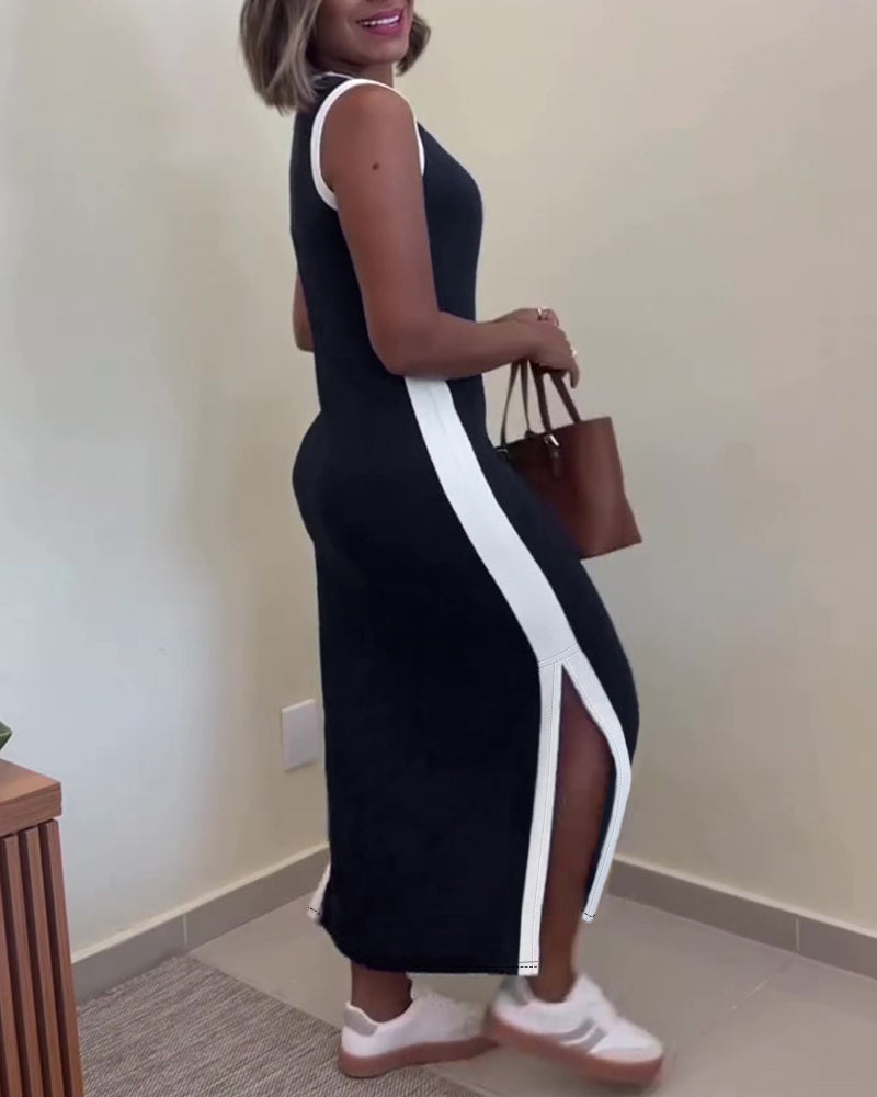 Women's Contrast Binding Tank Dress Slim Fit Sleeveless Maxi Dress Side Slit Casual Knit Sundress
