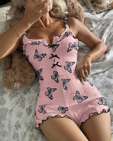 Butterfly Print Notch Neck Adjustable Spaghetti Straps Contrast Piping Trim Romper Slim Fit Bowknot Decor Ruffles Spliced Backless Jacquard Textured Pajama Romper