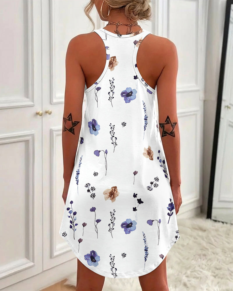 Allover Watercolor Floral Print U-Neck Sleeveless Curved Hem Dress Casual Racerback Loungewear Dress