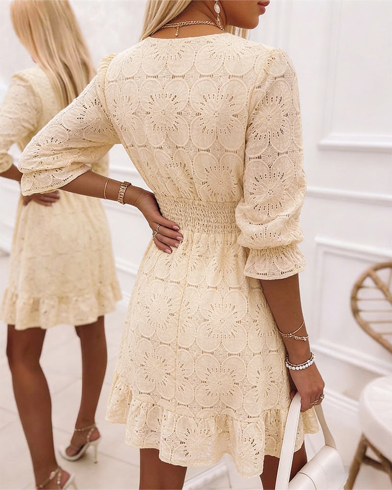 Women's Lace Overlap V-Neck Ruffle Hem Dress Shirred High Waist A-Line Party Dress Three Quarters Sleeve Vacation Dress