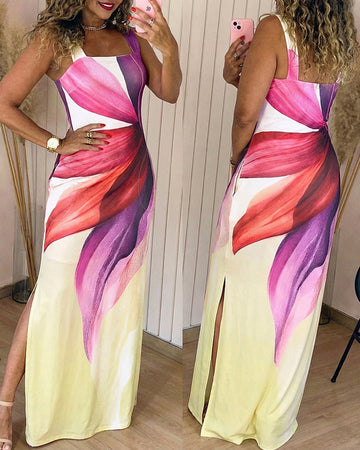 Women's Floral Print Maxi Dress Square Neck Thick Strap Sundress Casual Side Slit Vacation Dress with Pockets