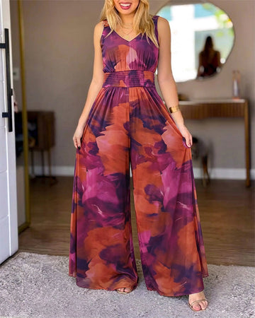 Women's Tie Dye Print Mesh Jumpsuit V Neck Shirred Waist Wide Leg Overalls Backless Sleeveless Jumpsuit with Pockets