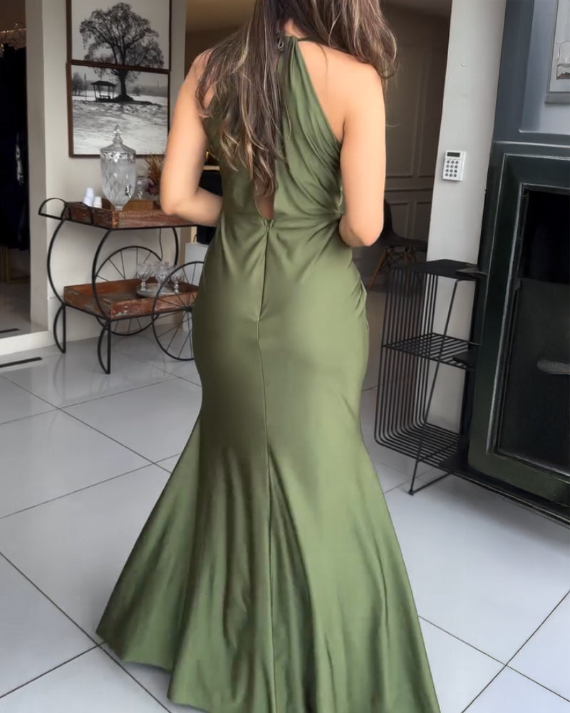 Women's Halter Tie Satin Maxi Dress Twist Front Cutout Backless Mermaid Cockail Dress Ruched Evening Party Dress