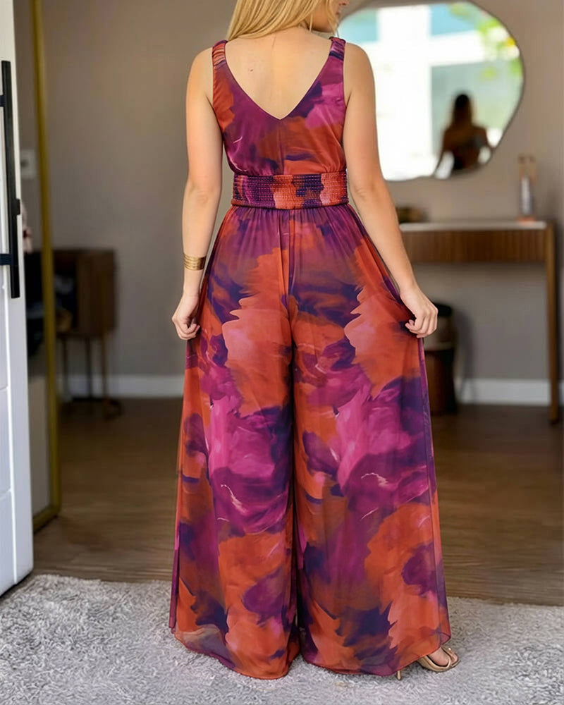 Women's Tie Dye Print Mesh Jumpsuit V Neck Shirred Waist Wide Leg Overalls Backless Sleeveless Jumpsuit with Pockets