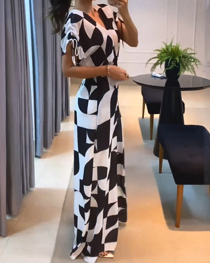 Geometric Print V-Neck Drawstring Short Sleeve Button Front Overalls Casual High Waist Zipper Back Wide Leg Jumpsuit