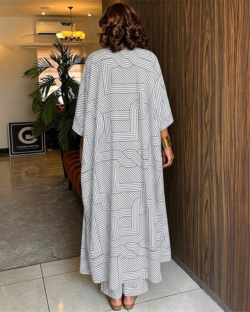 Women's Geometric Print 2 Piece Outfits Batwing Sleeve Loose Longline Cardigan and High Waisted Wide Leg Pants Set