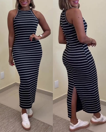 Women's Striped Halter Maxi Dress Sleeveless Ribbed Knit Dress Elegant Back Slit Slim Fit Casual Sundress