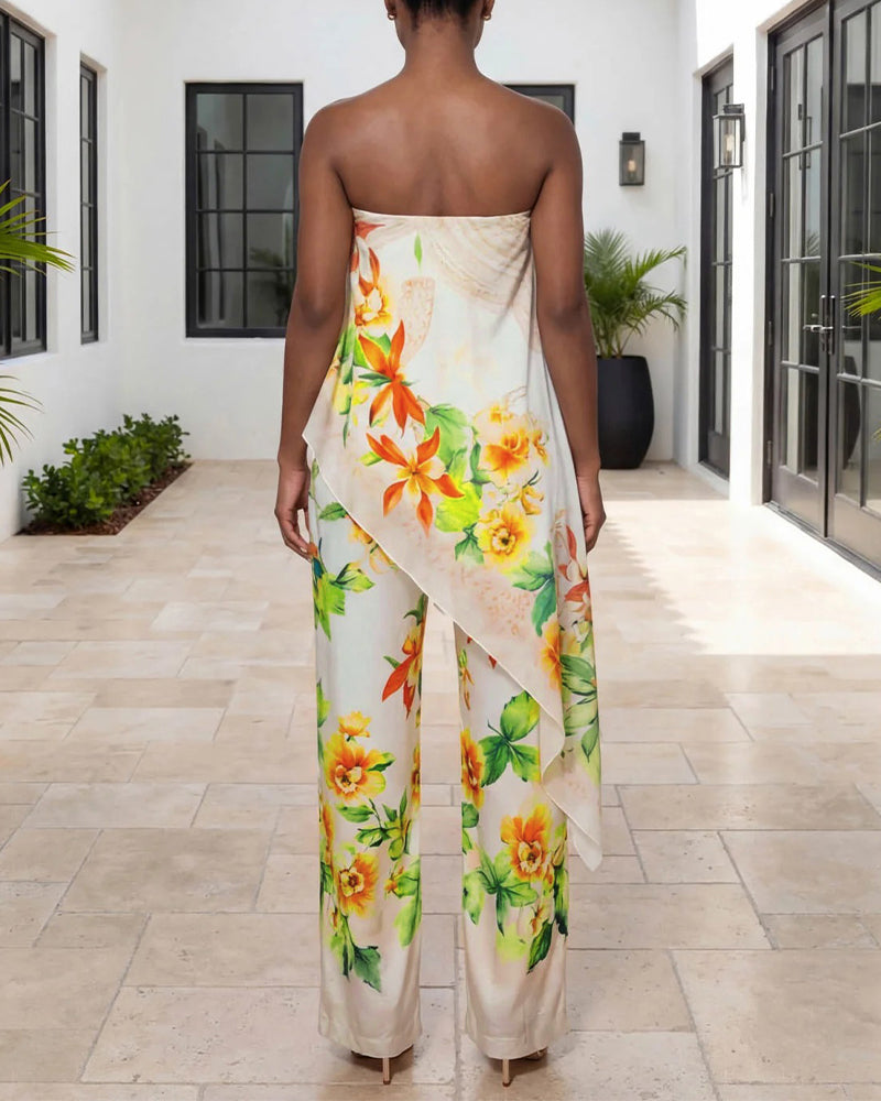 Women's Tropical Floral Jumpsuit Sexy Strapless Tube Overalls High Waisted Faux Two-Piece Jumpsuits with Detachable Clear Straps