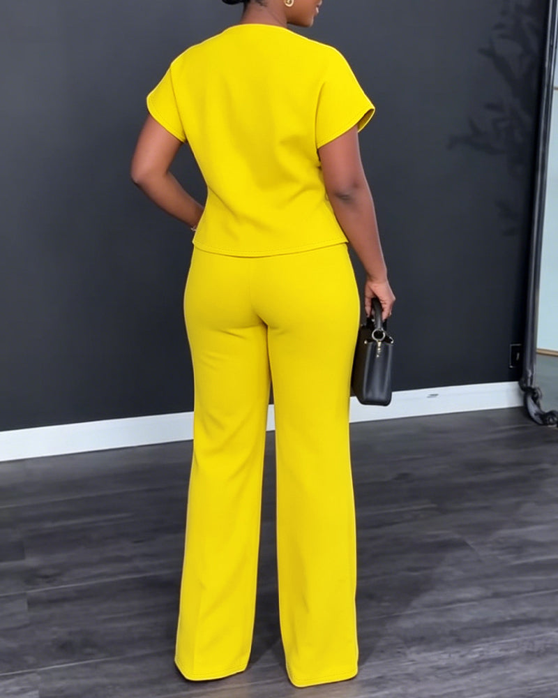 Women's 2 Piece Outfits Short Sleeve Button Down Top and Straight Leg Pants Set Casual Commuter Suits