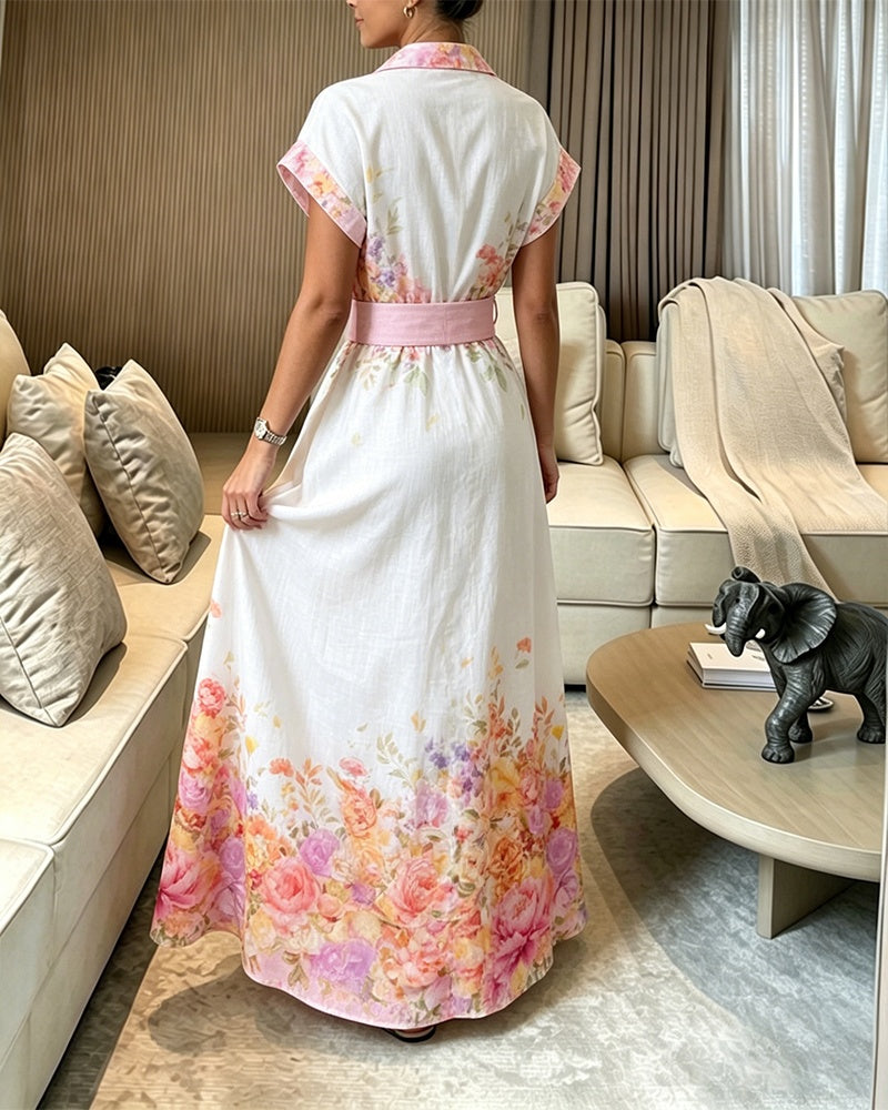 Women's Floral Print Maxi Dress Notched Collar Button Down Swing Dress Elegant French Style Vacation Dress with Belt