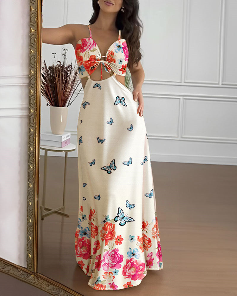 Women's Floral Butterfly Print Maxi Dress Backless Cutout Cami Sundress Ruched Tied Detail Flowy Vacation Dress