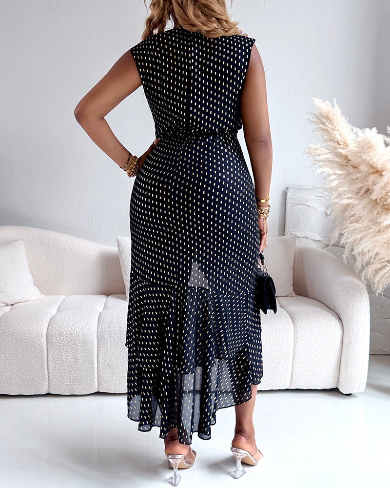 Silver Foil Pattern Sleeveless Cinched Waist Party Dress Elegant Asymmetrical Ruffles Slit Evening Dress