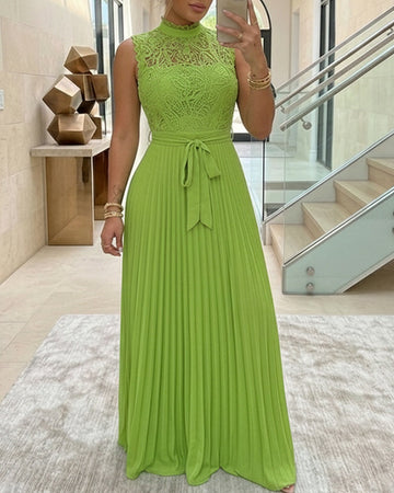 Mock Neck Sleeveless high Waist Pleated Maxi Dress Elegant Lace & Braided Spliced Zipper Back Evening Dress with Belt