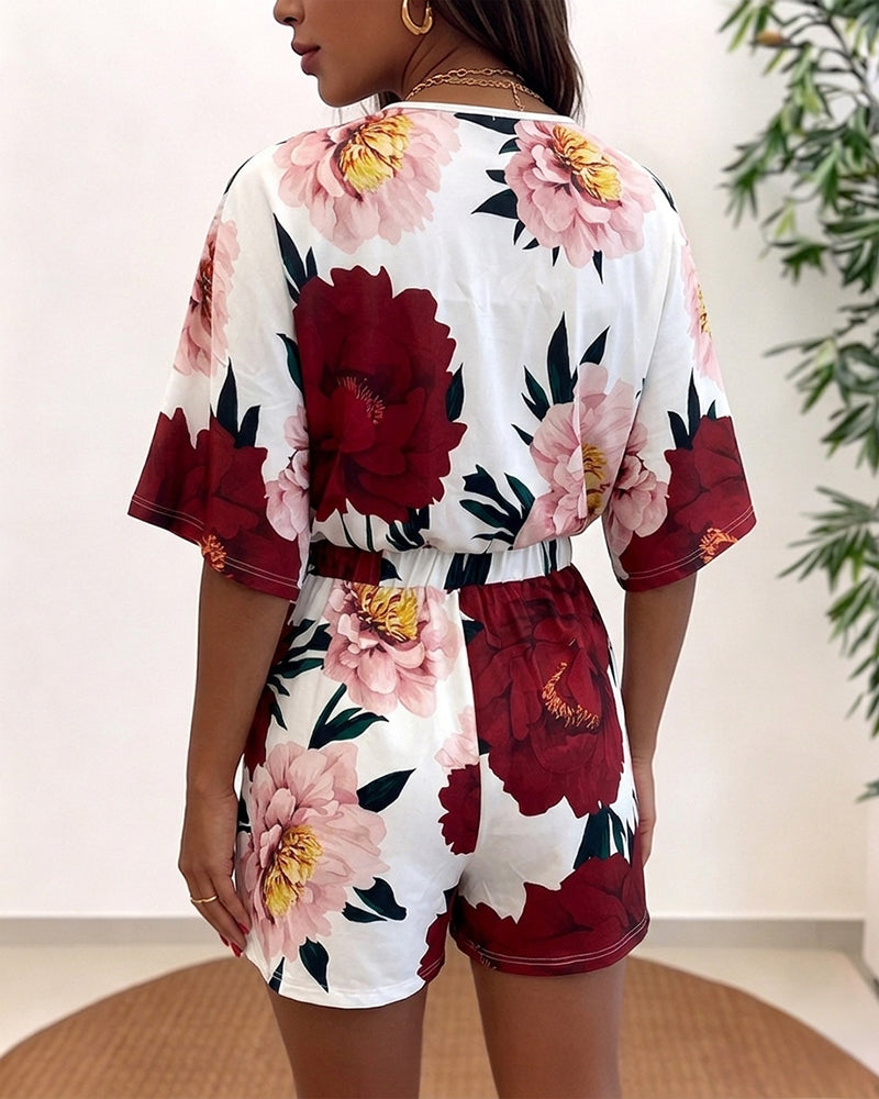 Women's Bohemian Floral Print V-Neck Romper Batwing Sleeve Wrap Knot Side High Waist Short Jumpsuit