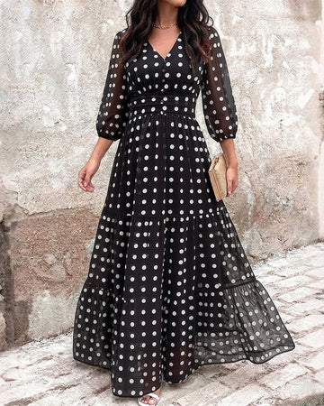 Women's Polka Dot Maxi Dress V Neck Lantern Sleeve Ruffle Hem Dress High Waist Button Up Chiffon Long Party Dress
