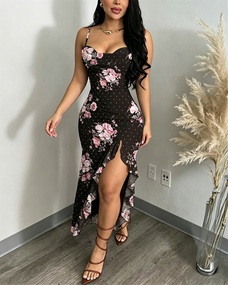 Women's Floral Cowl Neck Cami Midi Dress Casual Rhinestone Mesh Vacation Dress Slit Ruffle Hem Sundress