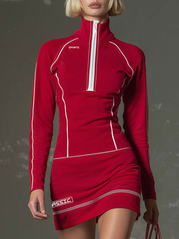 Sporty Stand Collar Zip-up Contrasting Trim Long-sleeved Mini Dress