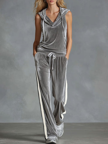 V-neck Hooded Sleeveless Top And Pants Velvet Set