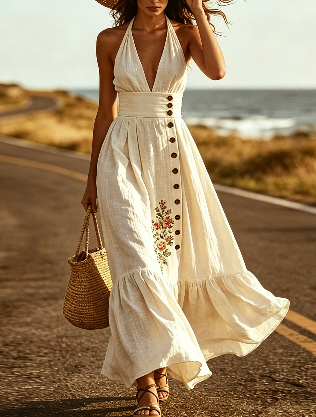Beige Halter Waist Cinched Elegant Maxi Dress