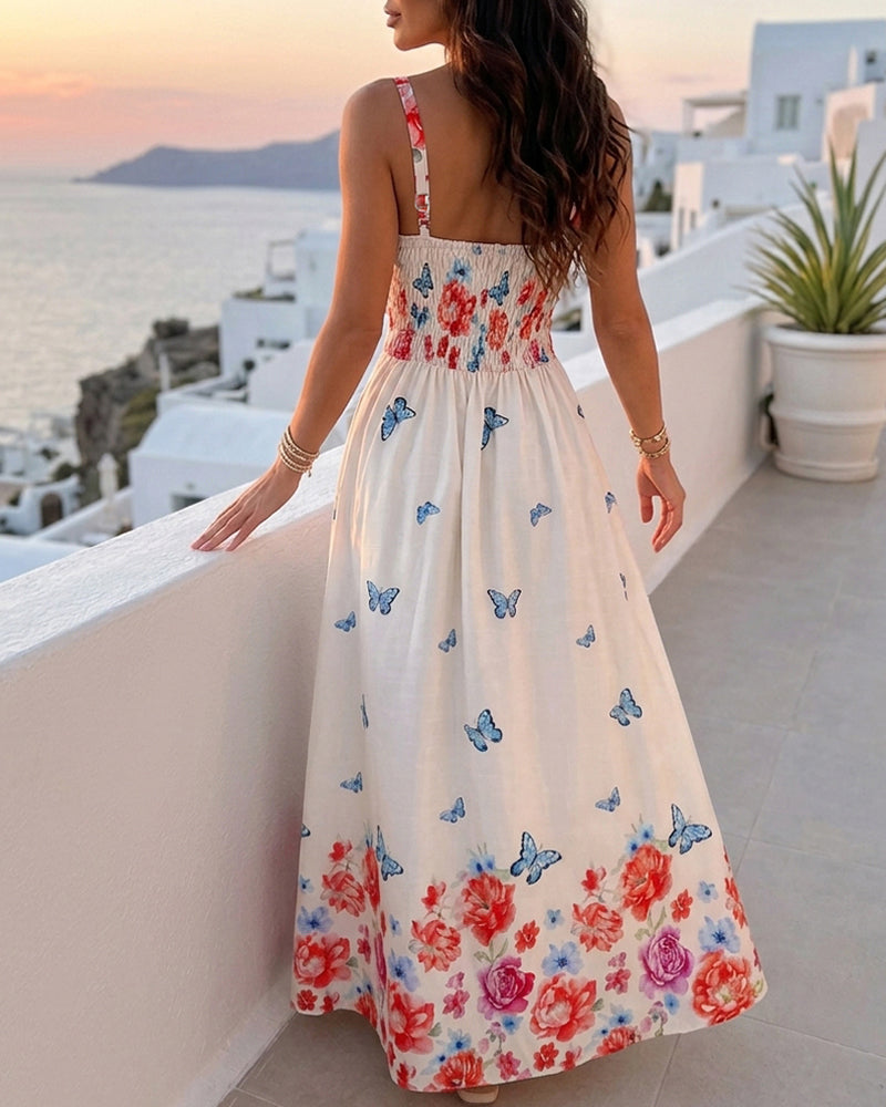 Women's Floral Butterfly Placement Print Cami Dress Shirred Back Sleeveless Vacation Sundress Casual Beach Maxi Dress