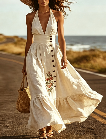 Beige Halter Waist Cinched Elegant Maxi Dress