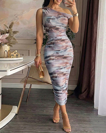 Vintage Ink Tie Dye Print Cold Shoulder Sleeveless Bodycon Dress Elegant Ruched Sheer Mesh Overlay Mid-length Dress