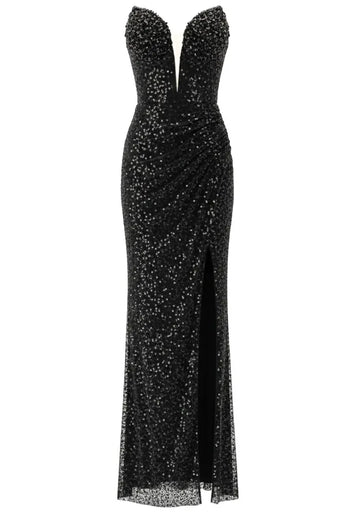 Strapless Crystal Bustier Sparkly Maxi Dress Black