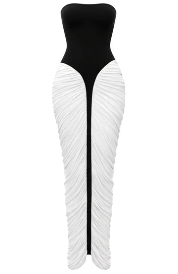 Strapless Draped Corset Maxi Dress Black White