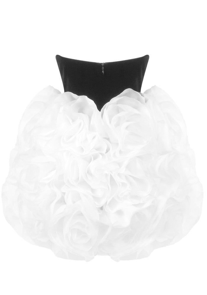 Strapless Floral Ruffle Dress Black White