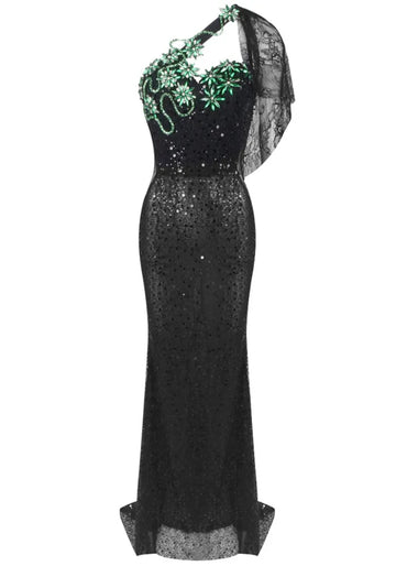 One Shoulder Crystal Floral Sequin Maxi Dress Black