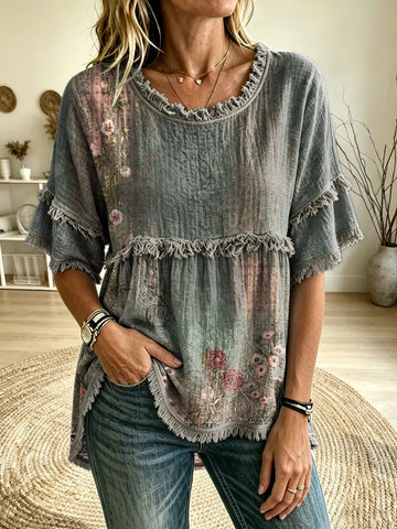 Women's Vintage Floral Print Fringe Detail Woven Top