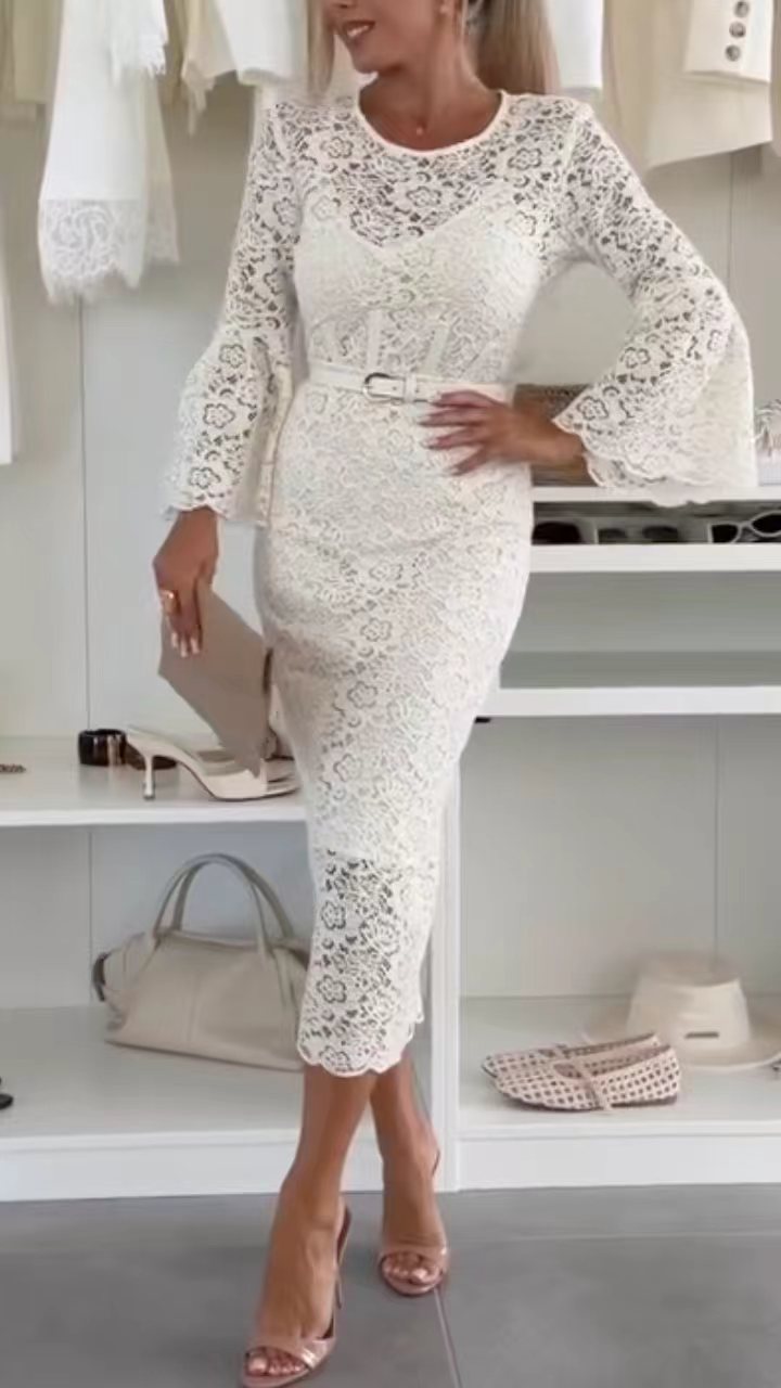 Women's Round Neck Lace Bell Sleeve Elegant Dress Set