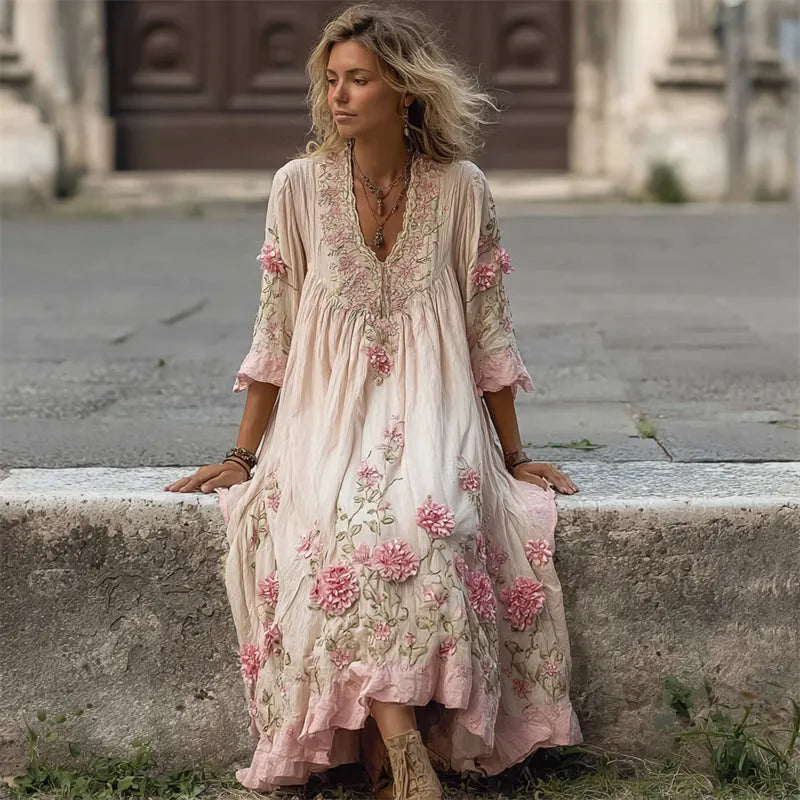 Vintage Pink Floral Vines Fiber Art Embroidered Linen Maxi Dress