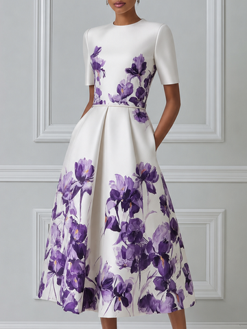 Ivory Purple Watercolor Iris Print Round Neck Pleated A-Line Midi Dress