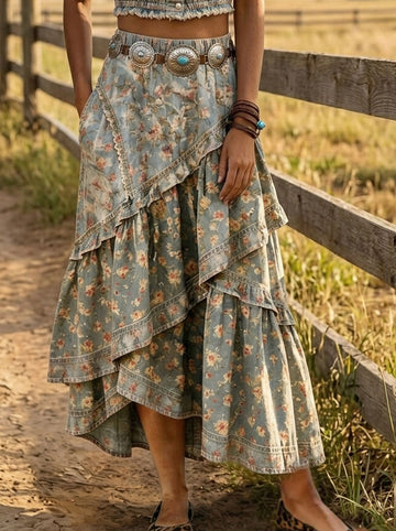 Retro Floral Print Casual Irregular Skirt