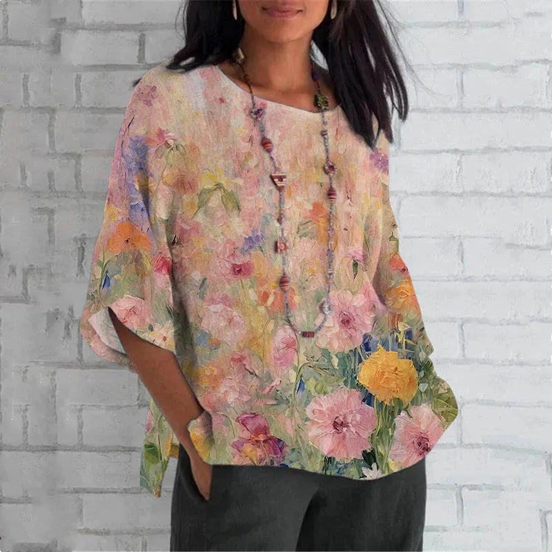 Vintage Oil Painting Flowers Pattern Women's Linen T-shirt