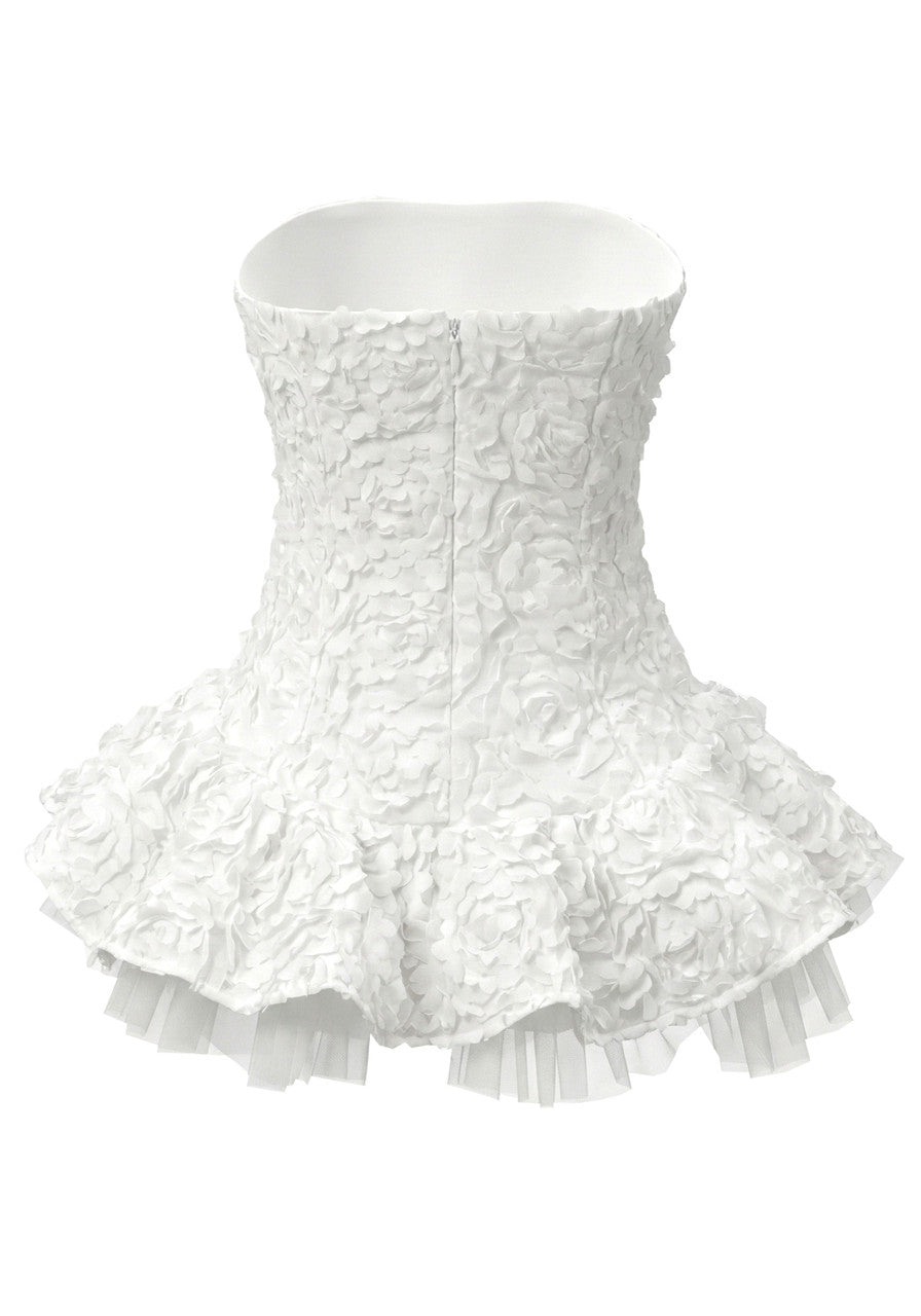 Strapless Floral Mesh A Line Dress White