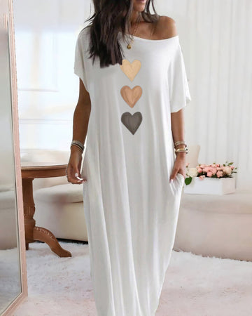 Heart Print Skew Neck Short Sleeve Maxi Dress Casual Pockets Design Loose Fit Loungewear Dress