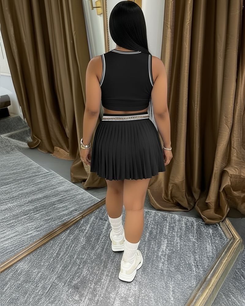 2 Pieces Outfit Round Neck Sleeveless Crop Tank Top and Elastic Waist Pleated Mini Skirt Set Casual Contrast Paneled Set