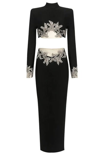 Long Sleeve Crystal Floral Two Piece Maxi Dress Black