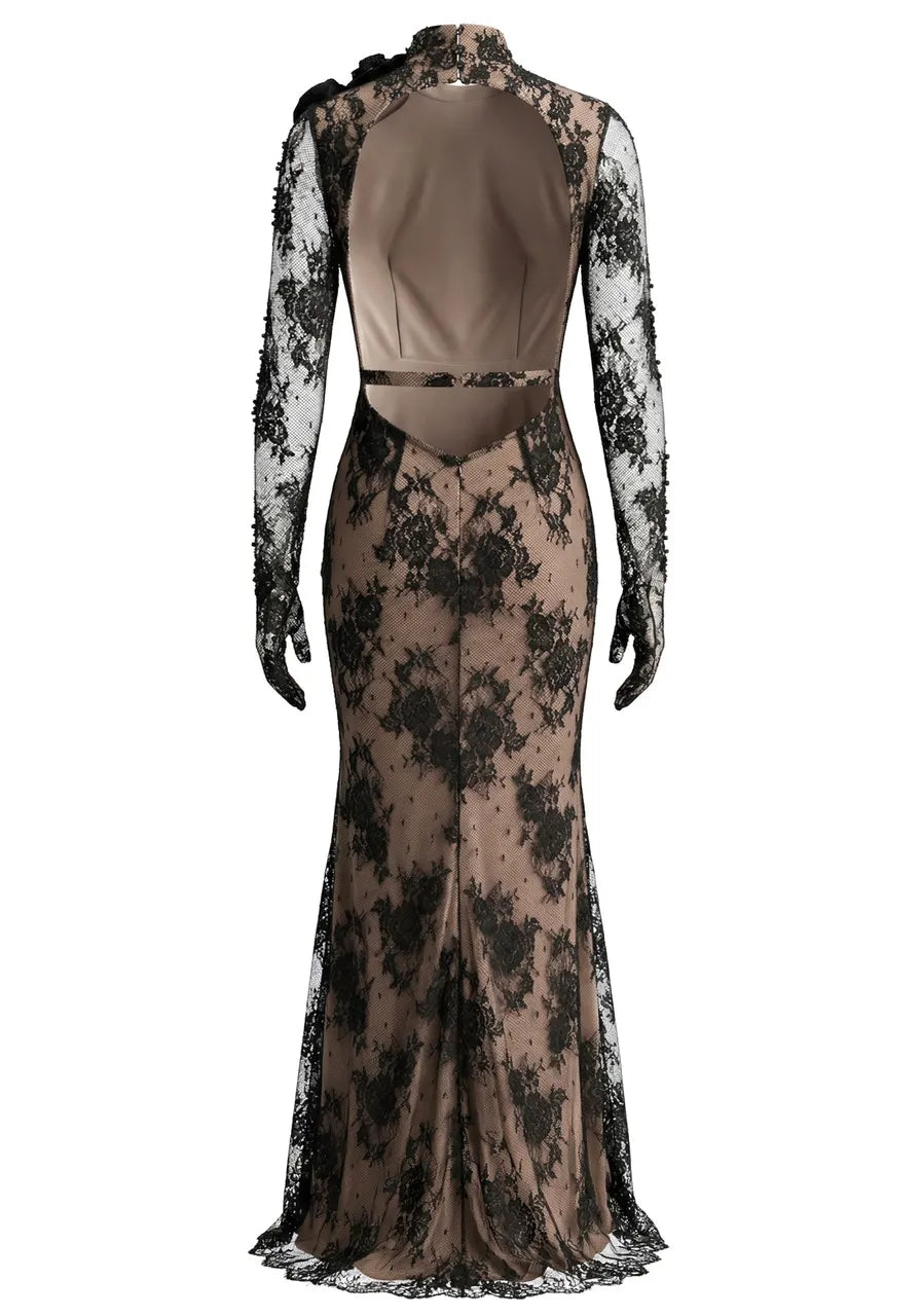 Long Sleeve Lace Backless Maxi Dress Black Nude