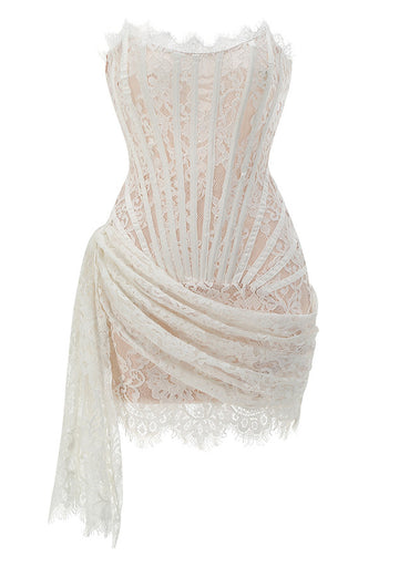 Strapless Lace Draped Corset Dress White