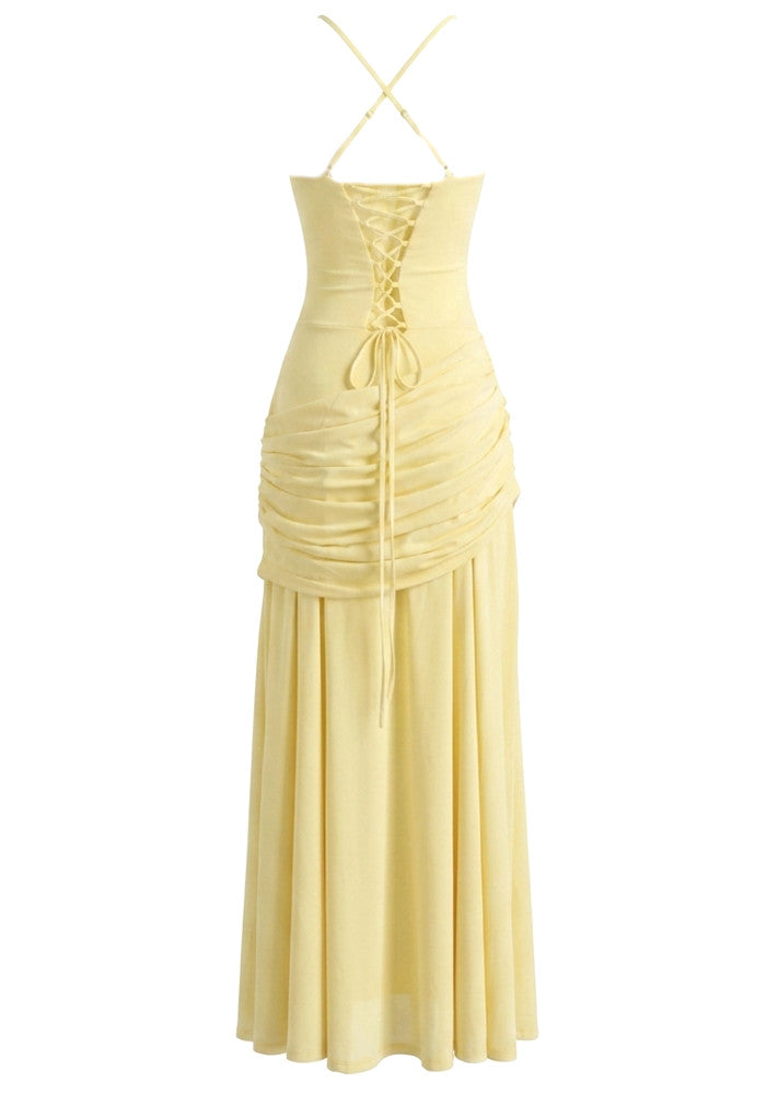 Halter Draped Detail Corset A Line Maxi Dress Yellow
