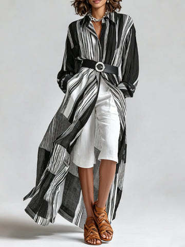 Striped Long Shirt Dress & White Mid-Length Shorts Set (With Belt)