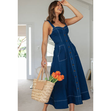 Buttons Sling  Dark Blue Denim Dress