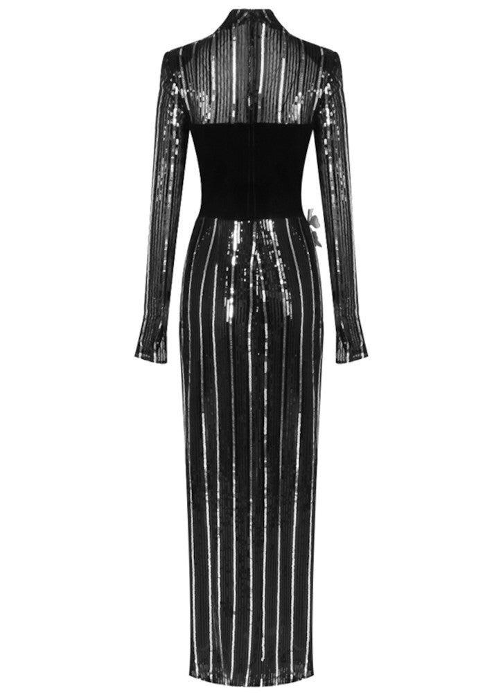 Long Sleeve Floral Sequin Velvet Maxi Dress Black