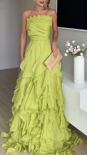 Strapless Ruched Ruffle Tiered Maxi Gown